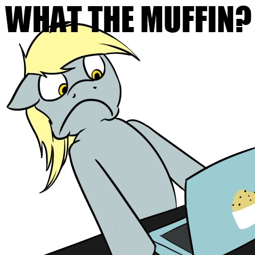 blonde_hair computer derpy_hooves_(mlp) english_text equine female feral food friendship_is_magic frown fur grey_fur hair horse laptop long_hair mammal muffin my_little_pony open_mouth pegasus plain_background pony solo text unknown_artist white_background wings yellow_eyes
