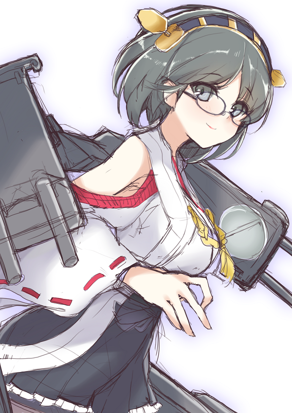 bare_shoulders black_eyes black_hair blush detached_sleeves frilled_skirt frills glasses hairband haruyuki_(yukichasoba) japanese_clothes kantai_collection kirishima_(kantai_collection) pantyhose ribbon-trimmed_sleeves ribbon_trim short_hair sketch skirt smile solo