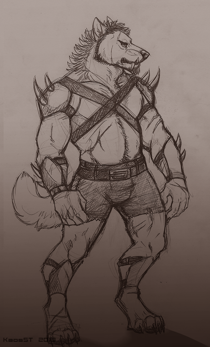 armor belt biceps canine chest_tuft chubby claws clothing fangs fur hair kaosst male mammal musclegut muscles pecs pose shorts sketch solo standing strong teeth toe_claws topless tuft warrior warrior_pose wolf