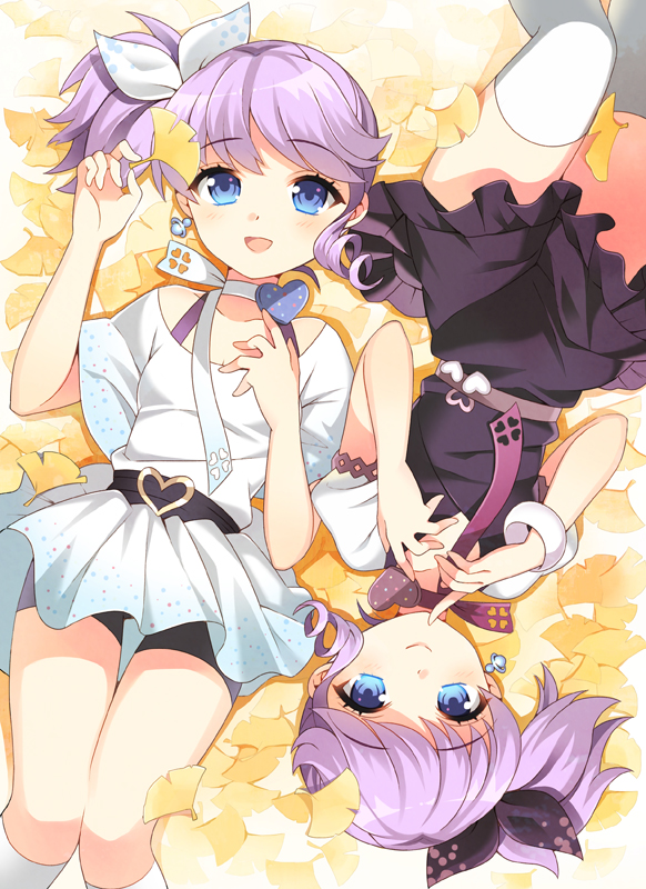 :d bad_id bad_pixiv_id bike_shorts blue_eyes bow dj_max dj_max_portable dress earrings hair_bow jewelry ladymade_star lying multiple_girls on_back open_mouth purple_hair siblings side_ponytail sisters sitting smile twins upside-down vanilla_(shade)