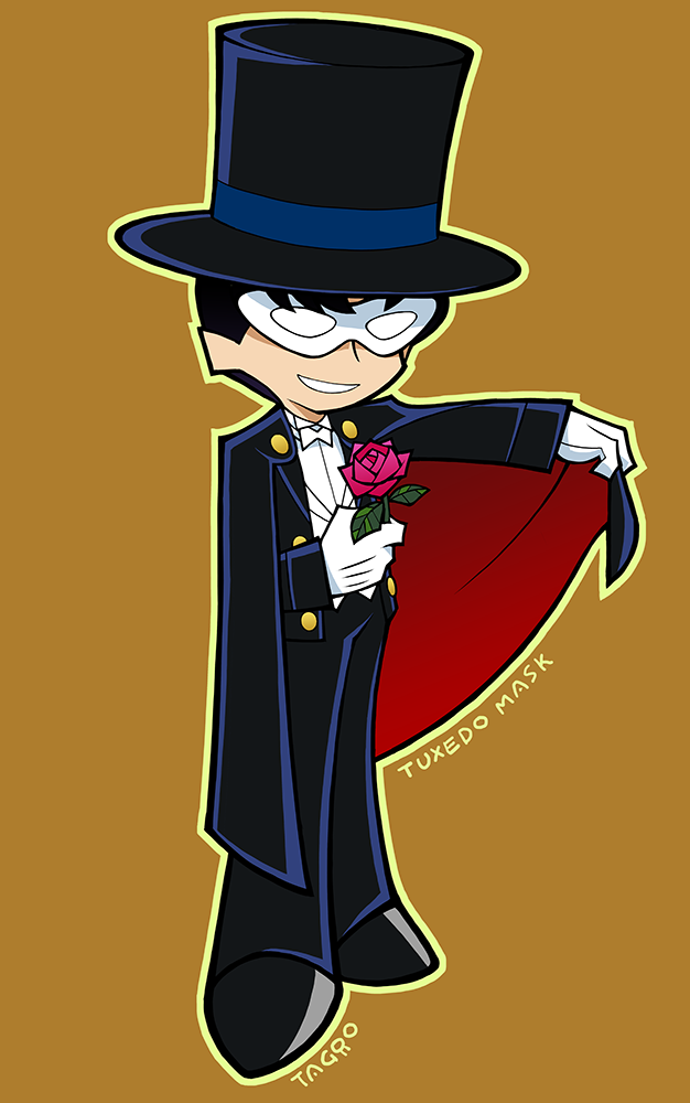 artist_name bishoujo_senshi_sailor_moon black_hair black_pants cape character_name chiba_mamoru flower gloves hat male_focus mask outline pants panty_&amp;_stocking_with_garterbelt parody parted_lips rose simple_background smile solo standing style_parody tagro top_hat tuxedo tuxedo_kamen white_gloves