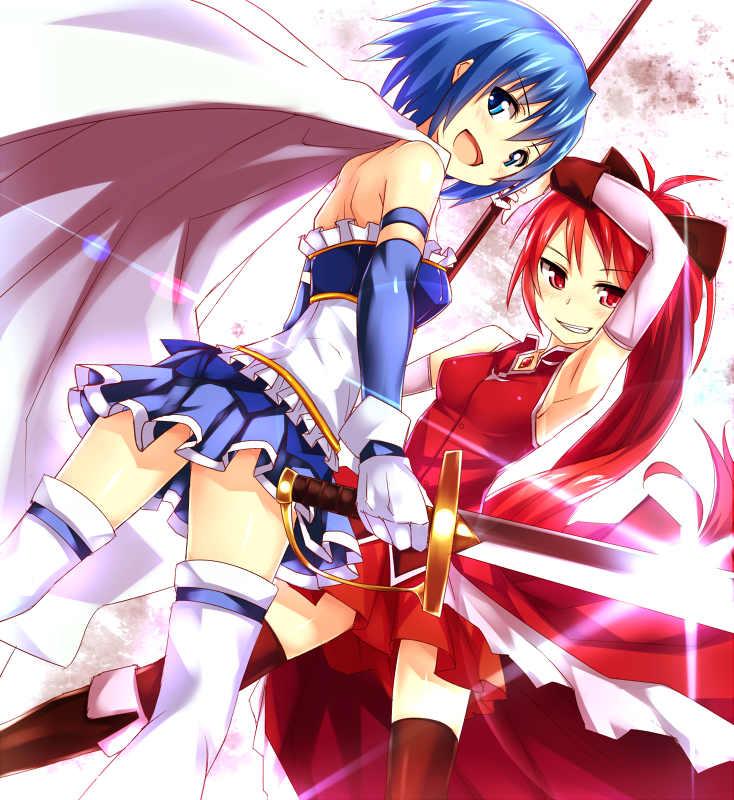 bad_id bad_pixiv_id bare_shoulders black_legwear blue_eyes blue_hair blush bow cape detached_sleeves gloves hair_bow keikotsu long_hair magical_girl mahou_shoujo_madoka_magica miki_sayaka multiple_girls polearm ponytail red_eyes red_hair sakura_kyouko short_hair smile spear sword thighhighs weapon white_gloves white_legwear