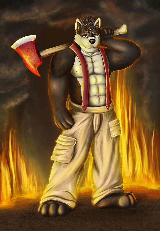 anthro axe barefoot biceps big_muscles black_fur black_hair black_nose blue_eyes braces canine clothing fire firefighter firefighter_uniform fur grey_fur grin hair hunk looking_at_viewer male mammal muscles pants pecs pose smile solo standing strong toned topless uniform unknown_artist weapon wolf