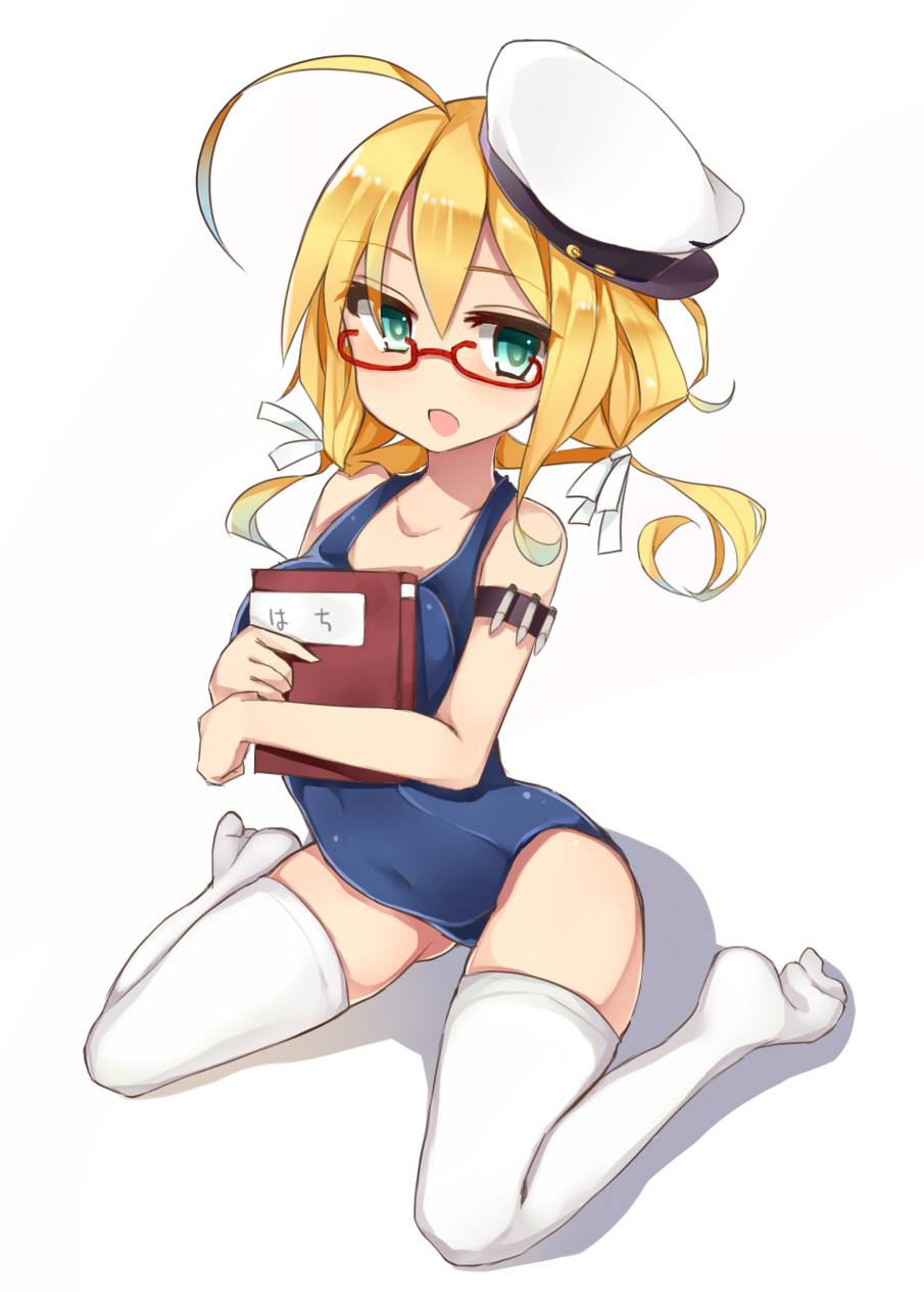 ahoge bad_id bad_pixiv_id blonde_hair book breasts glasses green_eyes hair_ribbon hat highres hukasikasi i-8_(kantai_collection) kantai_collection large_breasts one-piece_swimsuit red-framed_eyewear ribbon school_swimsuit short_hair simple_background sitting solo swimsuit thighhighs wariza white_background white_legwear