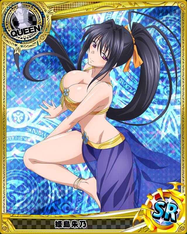 anklet artist_request barefoot black_hair breasts card_(medium) character_name chess_piece cleavage hair_ribbon harem_outfit high_school_dxd himejima_akeno jewelry large_breasts long_hair long_ponytail non-web_source official_art ponytail purple_eyes queen_(chess) ribbon smile solo trading_card very_long_hair