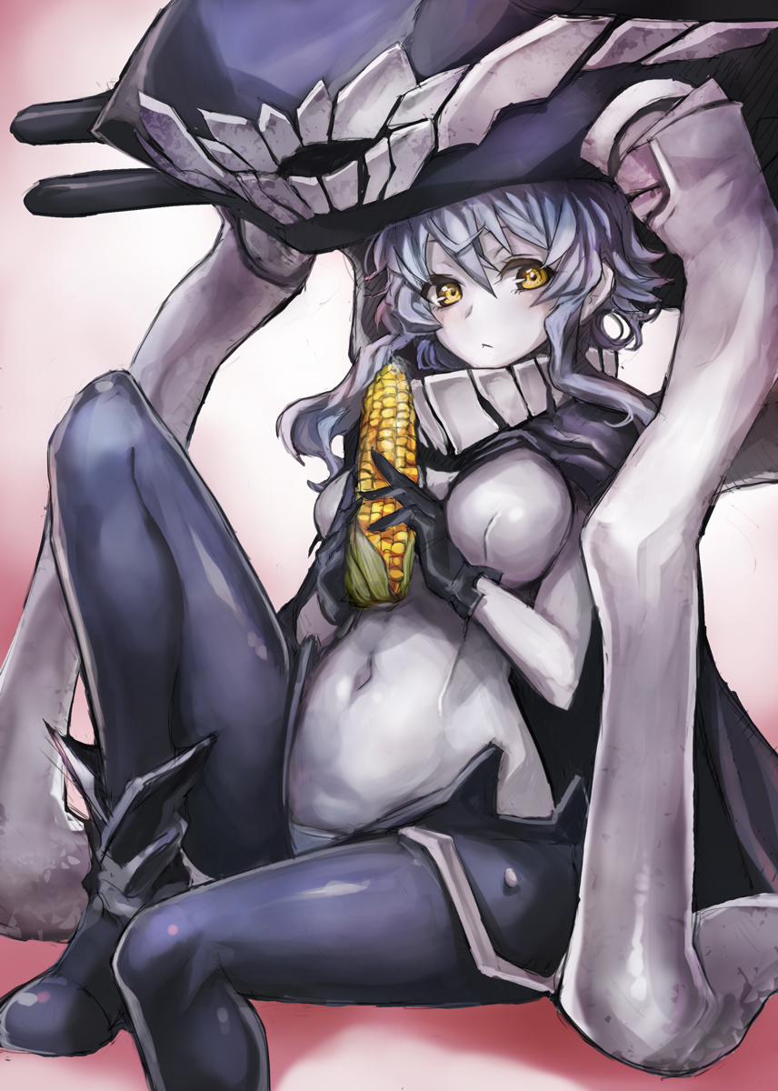 :&lt; ankle_boots bodysuit boots breasts cape corn covered_navel gloves highres kantai_collection large_breasts looking_at_viewer md5_mismatch monster pale_skin shinkaisei-kan silver_hair sitting solo taishi_(picchiridou) wo-class_aircraft_carrier yellow_eyes