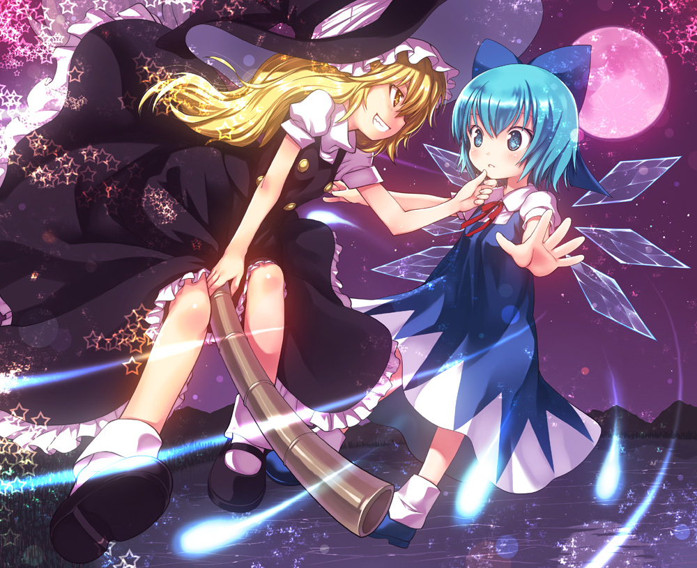black_dress blonde_hair blue_dress blue_eyes blue_hair bow broom broom_riding child cirno danmaku dress flying_sweatdrops forest full_moon grin hair_bow hand_on_another's_chin hat ice ice_wings icicle_fall kiira kirisame_marisa lake mary_janes moon mountain multiple_girls nature outstretched_arms puffy_sleeves red_moon shirt shoes short_sleeves smile star touhou wings witch_hat yellow_eyes