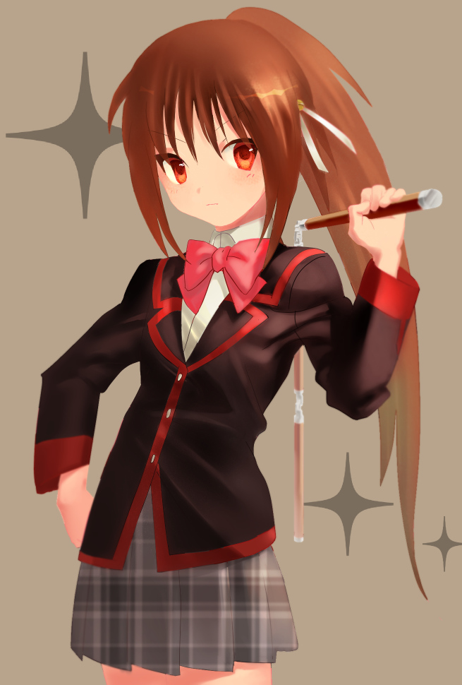 bad_id bad_pixiv_id bow brown_hair little_busters! long_hair mint010520 natsume_rin pink_bow plaid plaid_skirt ponytail red_eyes school_uniform skirt three_section_staff weapon