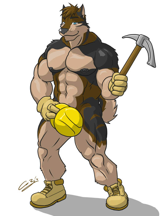 anthro biceps big_muscles black_fur black_nipples black_nose blue_eyes boots brown_fur brown_hair canine chestnuts_(artist) dog footwear fur gloves grin hair haku_(maneater) helmet hunk male mammal miner muscles nipples nude pecs pickaxe plain_background pose shoes smile solo standing strong tan_fur toned white_background worker