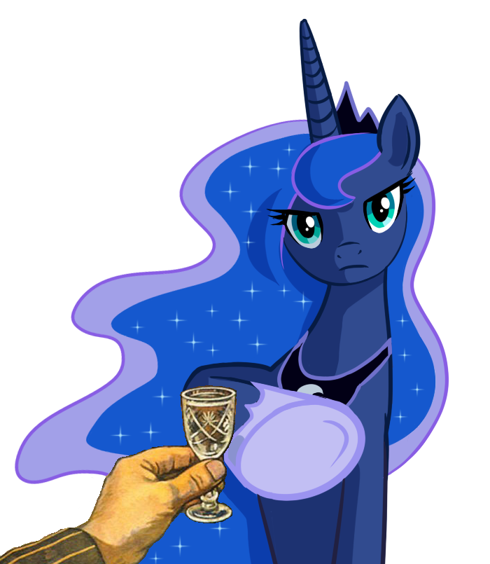 alcohol alpha_channel beverage blue_fur blue_hair crown denial disembodied_hand equine female feral friendship_is_magic fur hair hand horn horse human long_hair mammal my_little_pony parody plain_background pony princess_luna_(mlp) royalty teal_eyes transparent_background unknown_artist wine_glass