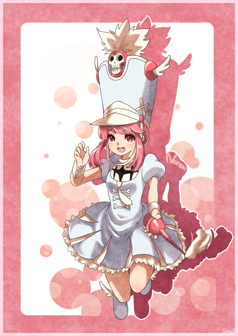 :d character_name dress hat jakuzure_nonon kill_la_kill open_mouth pink_eyes pink_hair puffy_short_sleeves puffy_sleeves seeds328 shako_cap shoes short_sleeves sidelocks smile solo winged_hat winged_shoes wings