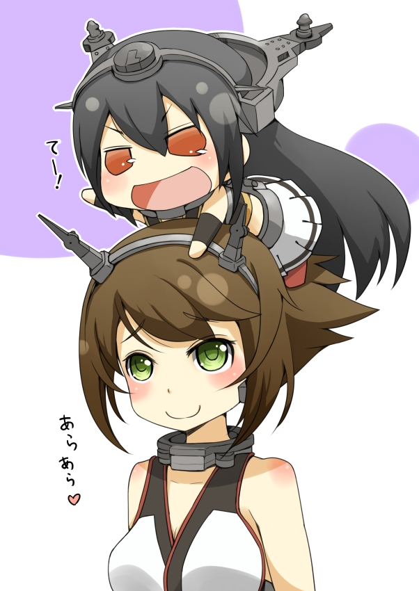 b-man black_hair brown_hair chibi chibi_on_head closed_eyes green_eyes hairband headgear heart kantai_collection long_hair looking_up multicolored multicolored_background multiple_girls mutsu_(kantai_collection) nagato_(kantai_collection) on_head open_mouth parody person_on_head puchimasu! red_eyes red_legwear short_hair simple_background skirt smile style_parody translated
