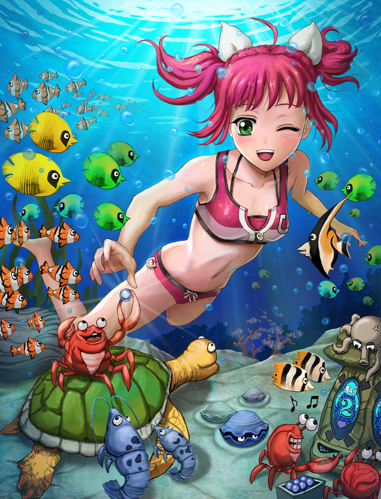 ;d air_bubble barefoot bikini bubble clam coral crab diving fish freediving green_eyes happy light_rays lobster nature navel neongun ocean octopus one_eye_closed open_mouth pearl pink_hair short_hair smile solo sunbeam sunlight swimming swimsuit tankini turtle twintails umi_monogatari underwater urin_(umi_monogatari)