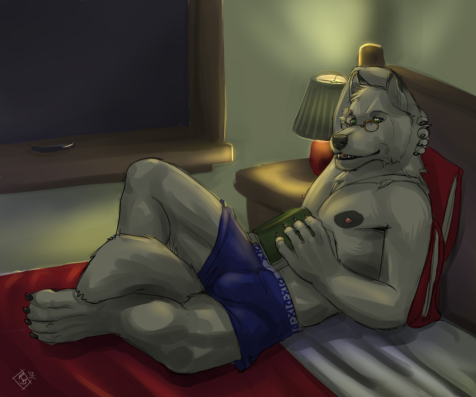 anthro bed biceps black_nose book boxers bulge canine dog eyewear fur glasses looking_at_viewer male mammal nipples pillow pose reading rrowdybeast solo underwear