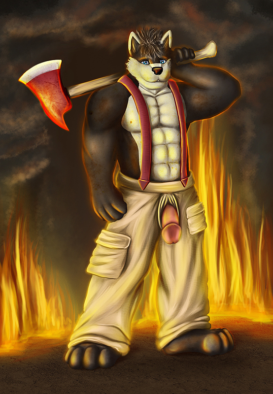 anthro axe barefoot biceps big_muscles black_fur black_hair black_nose blue_eyes braces canine clothing cock_through_fly fire firefighter firefighter_uniform fur grey_fur grin hair half-erect humanoid_penis hunk looking_at_viewer male mammal muscles pants pecs penis penis_through_fly pose presenting smile solo standing strong toned topless uniform unknown_artist weapon wolf