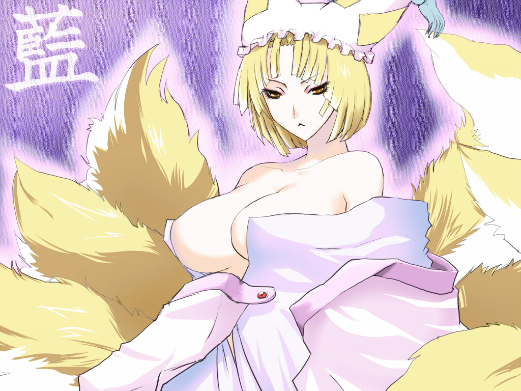 :&lt; blonde_hair breasts cleavage cosplay fox_tail large_breasts omachi omachi_(cosplay) rance_(series) sengoku_rance shirosato solo tail touhou yakumo_ran