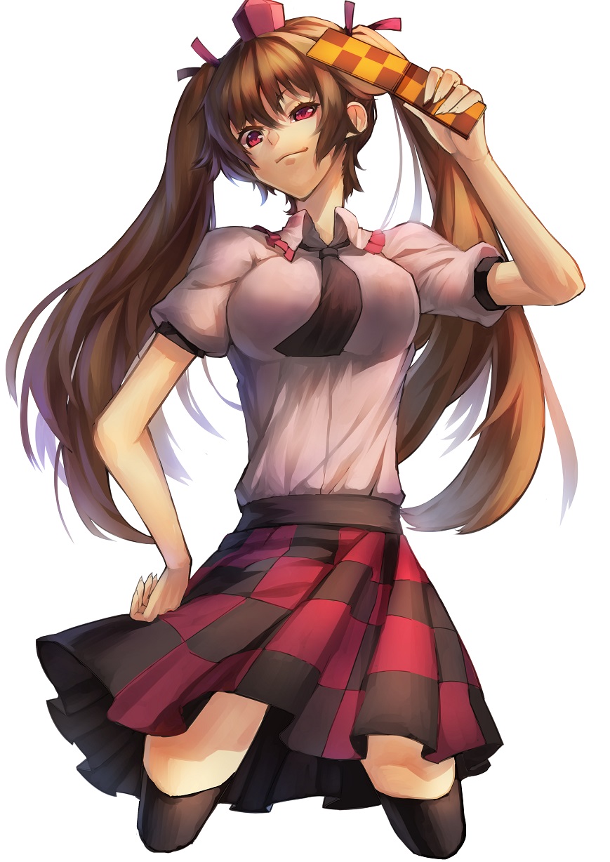 breasts brown_hair cellphone checkered hat highres himekaidou_hatate jumping large_breasts long_hair necktie phone pointy_ears red_eyes ribbon skirt smile solo sukocchi thighhighs tokin_hat touhou twintails
