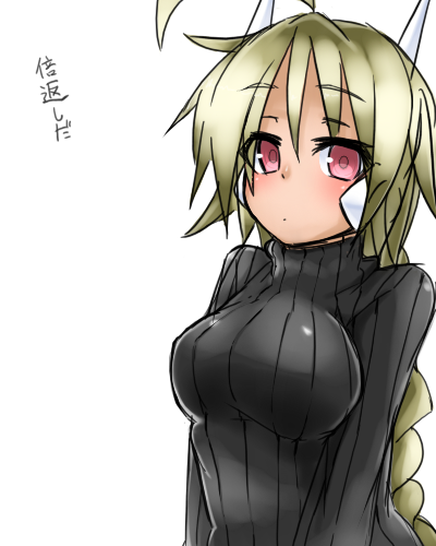bad_id bad_pixiv_id blazblue breasts lambda-11 large_breasts long_hair lowres mikusu red_eyes ribbed_sweater solo sweater turtleneck