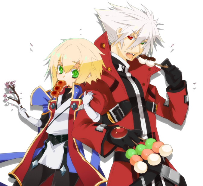 black_gloves blazblue blonde_hair brothers dango eating food food_request gloves green_eyes heterochromia jin_kisaragi mitarashi_dango multiple_boys open_mouth ragna_the_bloodedge red_eyes sanshoku_dango short_hair siblings skewer uzukinoko wagashi white_gloves white_hair