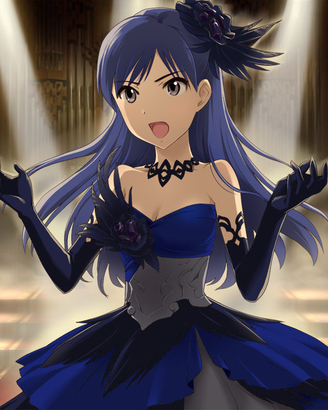artist_request bare_shoulders black_gloves blue_hair dress elbow_gloves gloves grey_eyes hair_ornament idolmaster idolmaster_(classic) idolmaster_cinderella_girls jewelry jpeg_artifacts kisaragi_chihaya long_hair necklace official_art open_mouth solo star