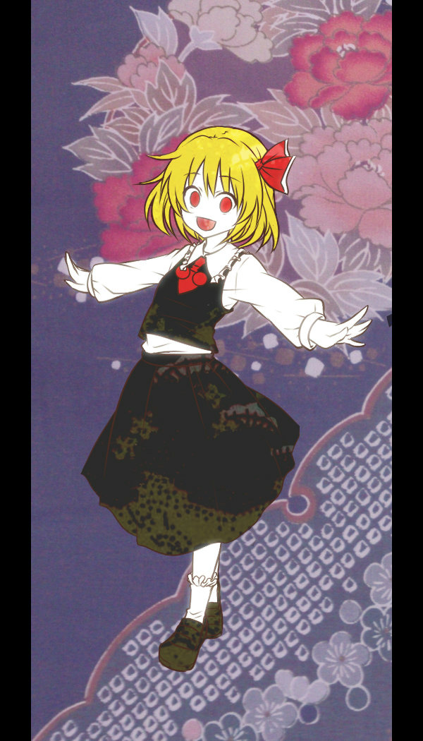 :d blonde_hair blouse hair_ribbon nora_wanko open_mouth outstretched_arms red_eyes ribbon rumia short_hair skirt smile solo touhou