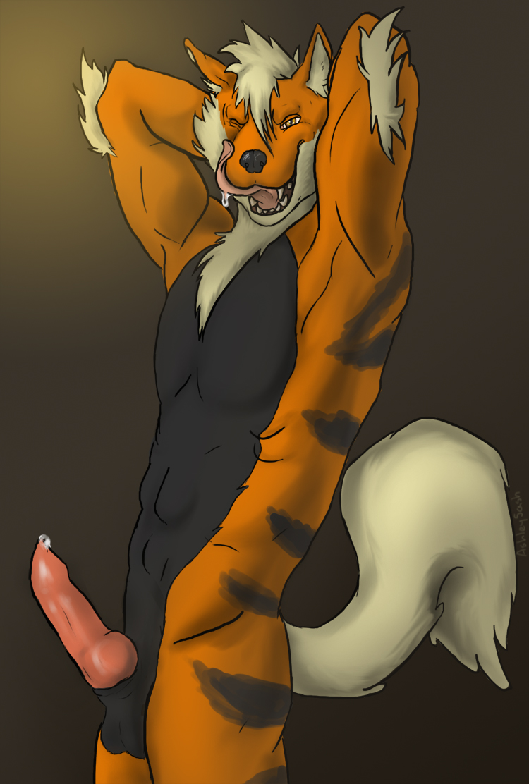 anthro arcanine ashley5ash balls biceps canine canine_penis erection knot licking licking_lips looking_at_viewer male mammal nintendo nude penis plain_background pok&#233;mon pok&eacute;mon raised_arm solo standing tongue video_games