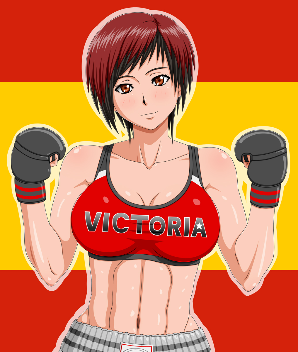 abs black_hair blush boxing_gloves breasts clothes_writing collarbone dead_or_alive dead_or_alive_5 highres large_breasts makani_kohitujito midriff mila_(doa) mixed_martial_arts multicolored_hair navel red_eyes red_hair shiny shiny_skin short_hair smile sports_bra toned two-tone_hair