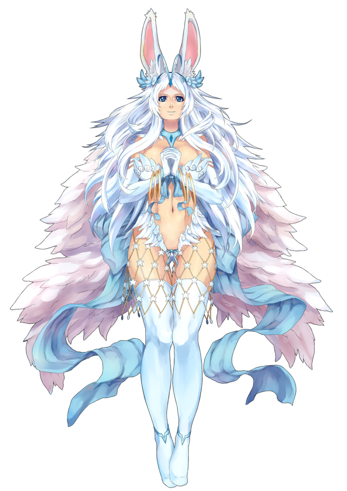 animal_ears blue_eyes borrowed_character breasts bunny_ears dom-dozz elbow_gloves gloves hagoromo hair_ornament hands_clasped large_breasts long_hair navel original own_hands_together shawl solo sponty thighhighs white_gloves white_hair white_legwear