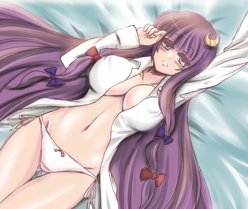 blush breasts cleavage crescent crescent_hair_ornament hair_ornament kashiru large_breasts long_hair lying navel no_pants open_clothes open_mouth open_shirt panties parted_lips patchouli_knowledge purple_eyes purple_hair shiny shiny_skin shirt side-tie_panties solo thigh_gap touhou underwear very_long_hair white_panties