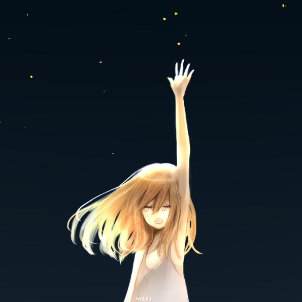 1girl arm_up bare_shoulders blonde_hair eyes_closed mari_(marixrian) night open_mouth reaching sky solo source_request tears