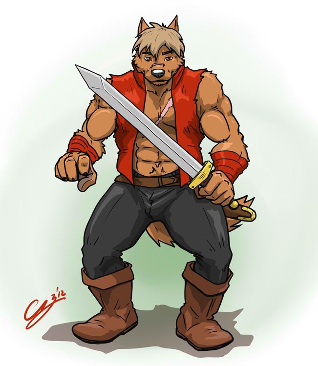 abs anthro bandage belt biceps black_nose boots brown_fur brown_hair canine chestnuts_(artist) claws clothing dog footwear fur hair hunk jaryl_(character) looking_at_viewer male mammal muscles open_shirt pants pecs pose red_eyes scar shirt solo standing sword toned torn_clothing vest weapon wolf