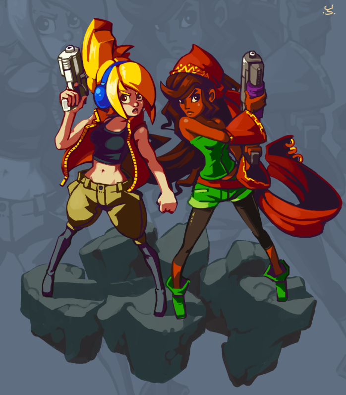 ankle_boots assault_rifle bandana bare_shoulders black_legwear blonde_hair boots brown_eyes brown_hair capri_pants dark_skin detached_sleeves gun half_updo handgun headphones joakim_sandberg long_hair mina_(the_iconoclasts) multiple_girls open_clothes open_vest pants pistol rifle robin_(the_iconoclasts) shorts sleeveless tank_top the_iconoclasts thigh_boots thighhighs unzipped vest weapon