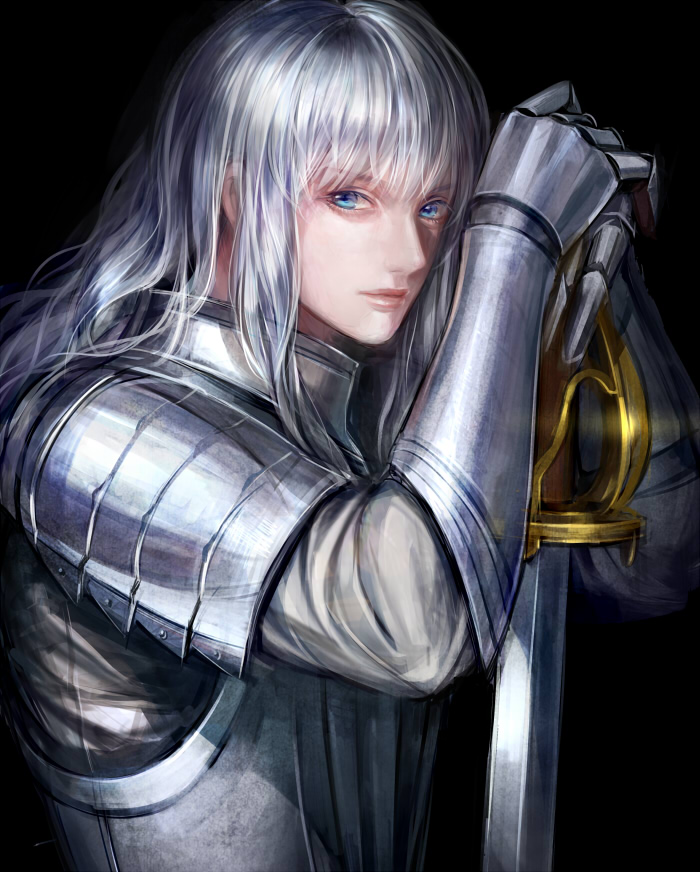 androgynous armor berserk black_background blue_eyes full_armor griffith lips long_hair looking_at_viewer male_focus mj_(11220318) nose silver_hair simple_background solo sword weapon