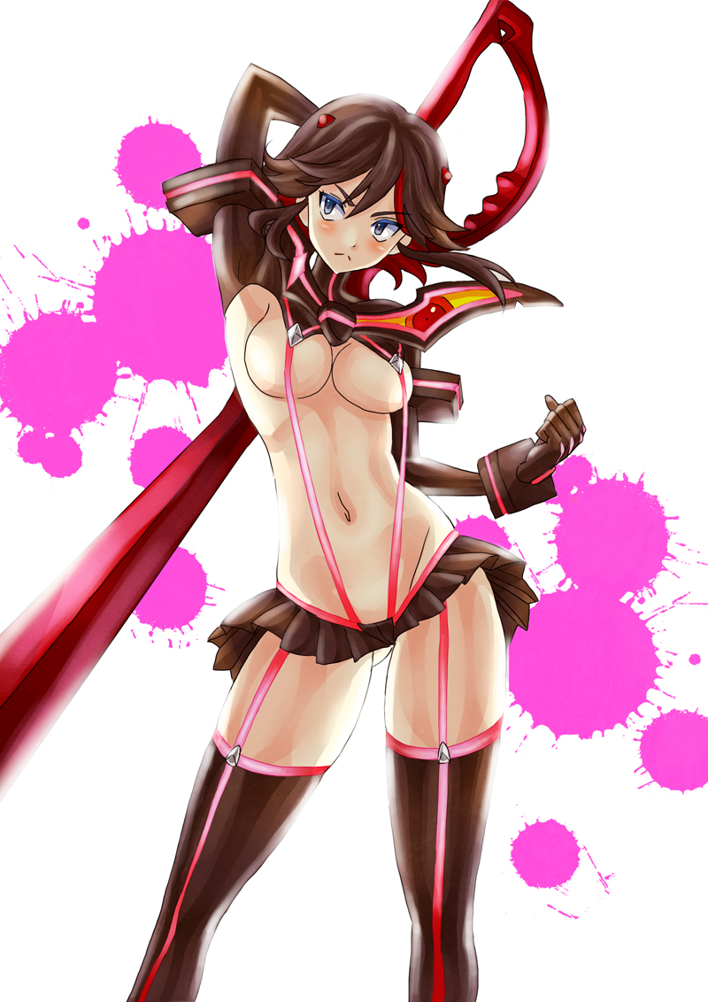 1girl blush breasts kill_la_kill matoi_ryuuko multicolored_hair senketsu sword two-tone_hair weapon