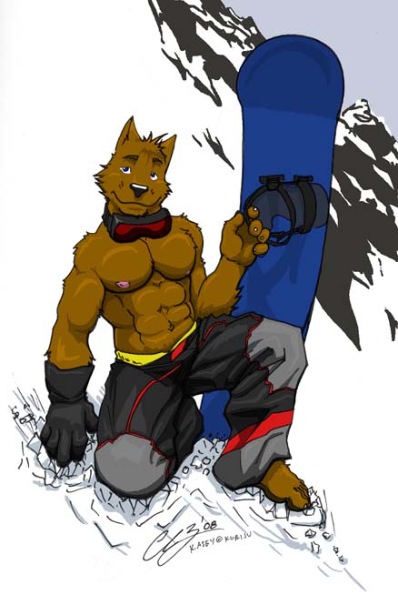 anthro athletic barefoot belt biceps black_nose blue_eyes brown_fur canine chestnuts_(artist) claws clothing crouching dog eyewear fur gloves goggles grin kneeling male mammal mountain muscles nipples pants pecs pose smile snow snowboard solo sport sportist toe_claws toned topless