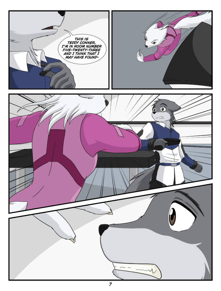 canine claws comic english_text fangs female fight fur grey_fur gun iuana kurapika male mammal military ranged_weapon scar surprise teddy_conner text uniform weapon white_fur wolf