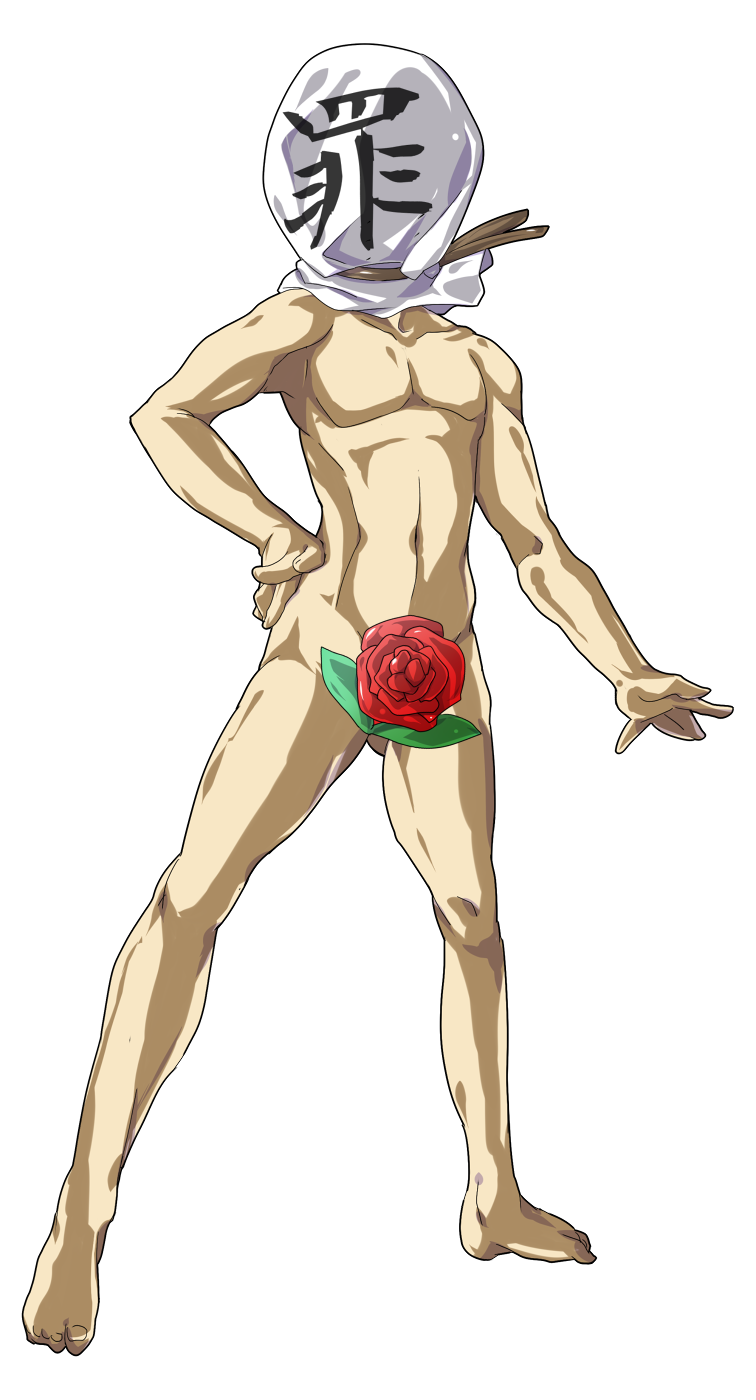 barefoot censored covered_face dairi flower full_body hand_on_hip highres male_focus nude sin_sack solo touhou transparent_background