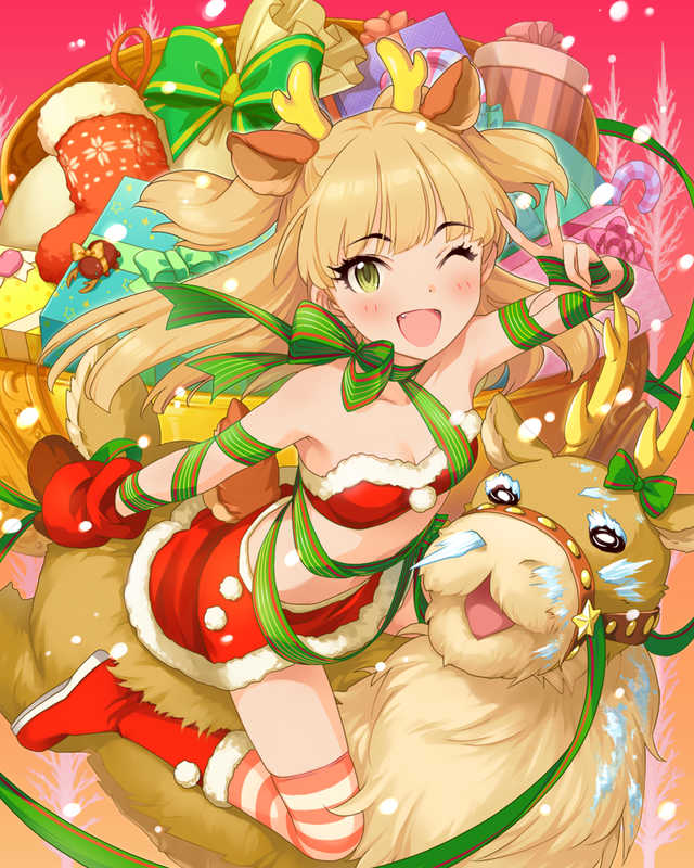 ;d animal animal_ears bandeau blush boots bow box breasts christmas cleavage eyelashes fake_animal_ears fake_tail fangs from_above gift gift_box gloves green_eyes idolmaster idolmaster_cinderella_girls jougasaki_rika jpeg_artifacts light_brown_hair long_hair looking_at_viewer looking_up midriff official_art one_eye_closed open_mouth paw_gloves paws reindeer reindeer_ears riding santa_boots santa_costume skirt sleigh small_breasts smile snow solo straddling striped striped_legwear tail thighhighs two_side_up v