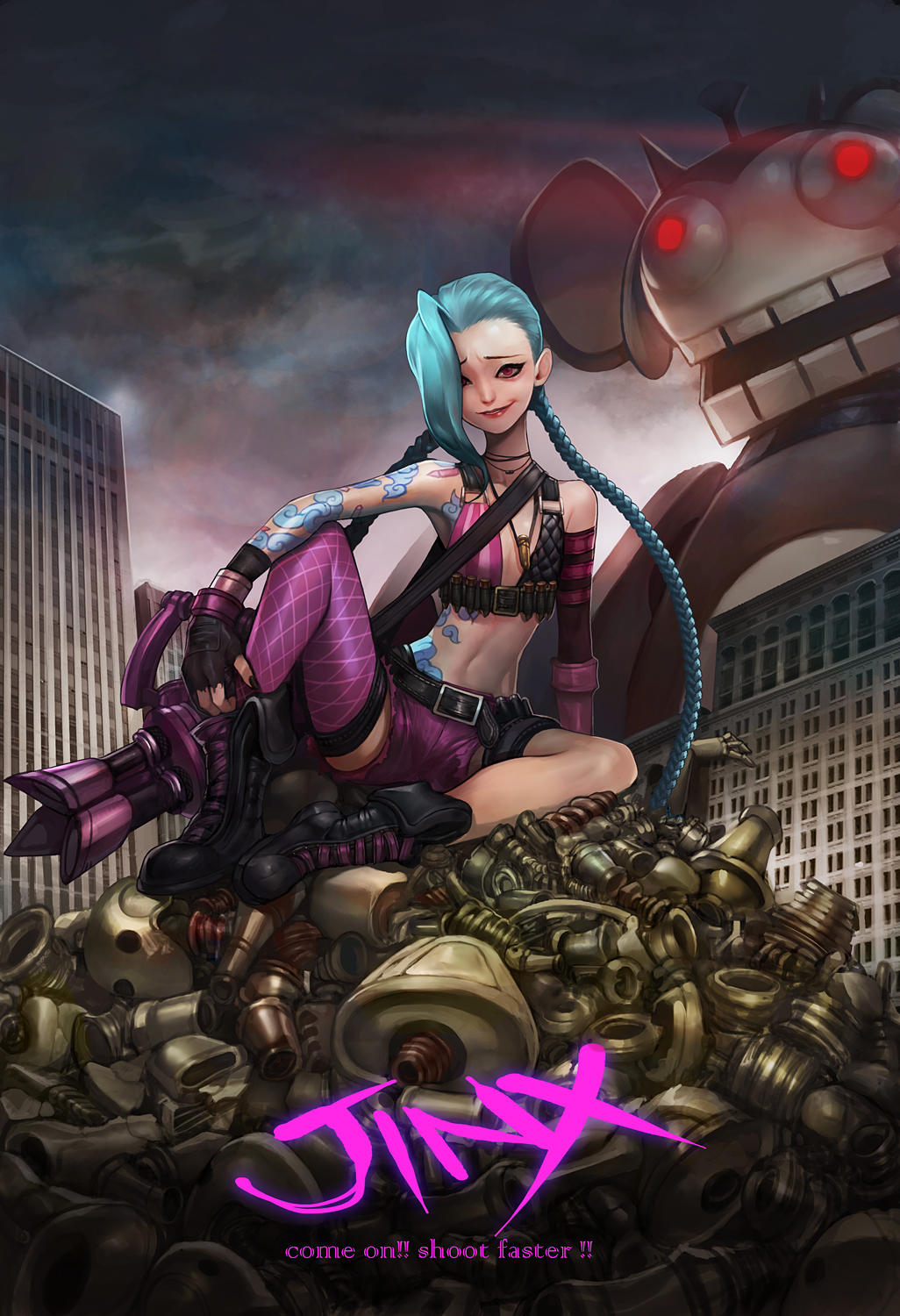 bare_shoulders blue_hair boots braid city fingerless_gloves gd_choco gloves highres jewelry jinx_(league_of_legends) junk league_of_legends long_hair necklace purple_eyes robot sitting smile solo tattoo twin_braids very_long_hair weapon