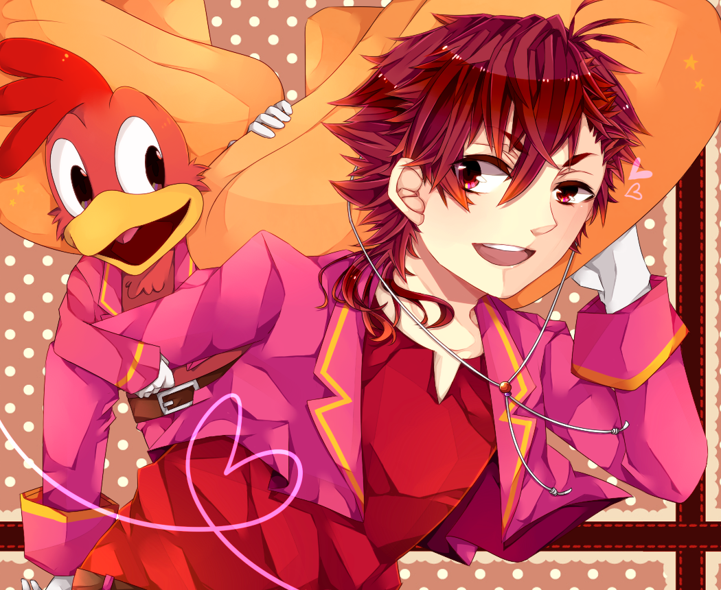 bad_id bad_pixiv_id bird doily dual_persona gloves hat heart heart_of_string looking_back male_focus panchito_pistoles personification polka_dot polka_dot_background red_eyes red_hair satsumaage_(miyabi-blue-7) smile sombrero the_three_caballeros
