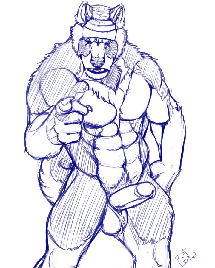 anthro balls biceps big_muscles canine chest_tuft claws dog erection fangs fur hat humanoid_penis looking_at_viewer male mammal muscles nude pecs penis pose presenting pubes rrowdybeast sheath sketch solo standing strong teeth tuft