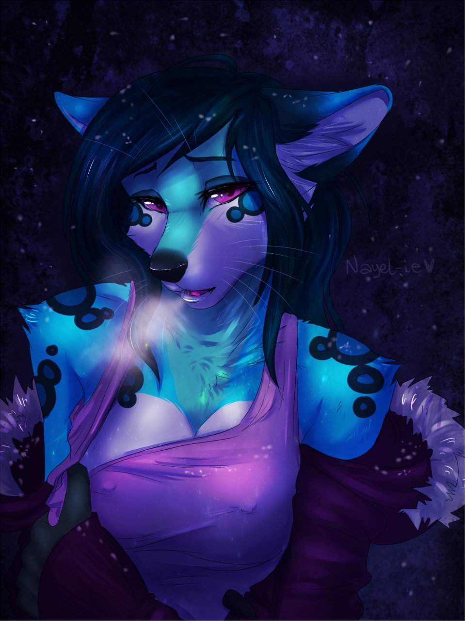 blue_hair canine female fox fur hair hybrid looking_at_viewer mammal nayel-ie nipples open_mouth purple_eyes solo whiskers white_fur wolf