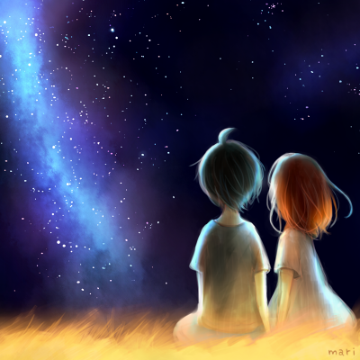 brown_hair couple from_behind from_behind_sitting lowres mari_(marixrian) milky_way night sitting sky source_request star_(sky)