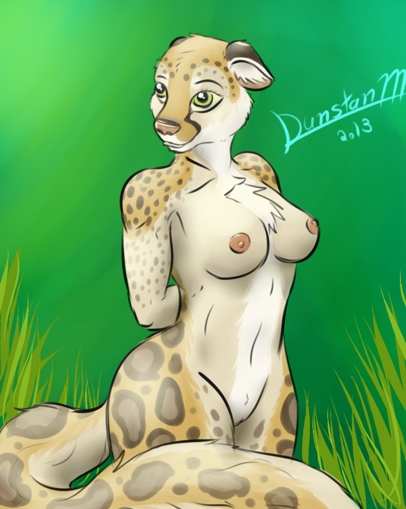 arms_behind_back breasts cheetah dunstanmarshall feline female green_eyes hybrid leopard mammal nipples nude plain_background pussy snow_leopard snow_lwopard solo