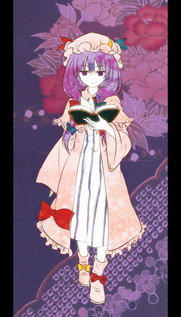 book bow crescent hair_bow hat hat_ribbon long_hair nora_wanko patchouli_knowledge pillarboxed purple_eyes purple_hair reading ribbon solo touhou wide_sleeves