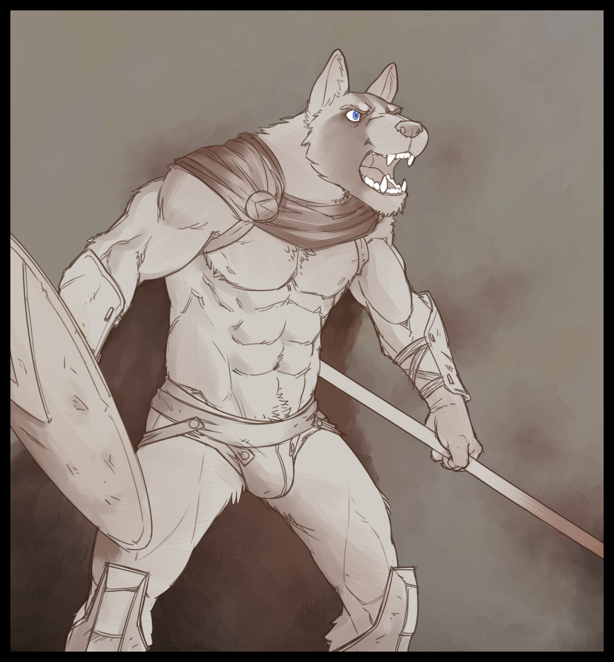 anthro armor biceps blue_eyes canine dog fur hunk male mammal manful manly muscles nipples pecs pose shield solo spartan spartan_warrior standing strong superslickslasher topless warrior warrior_pose wolf