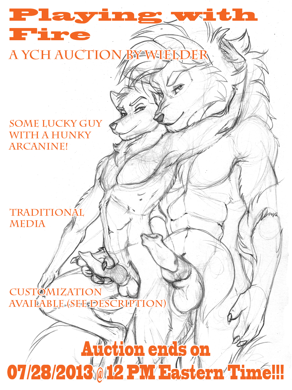 anthro arcanine biceps canine duo english_text erection interspecies knot looking_at_viewer male mammal muscles nintendo nude pecs penis plain_background playing_with_fire pok&#233;mon pok&eacute;mon pose text video_games white_background wielder wolf