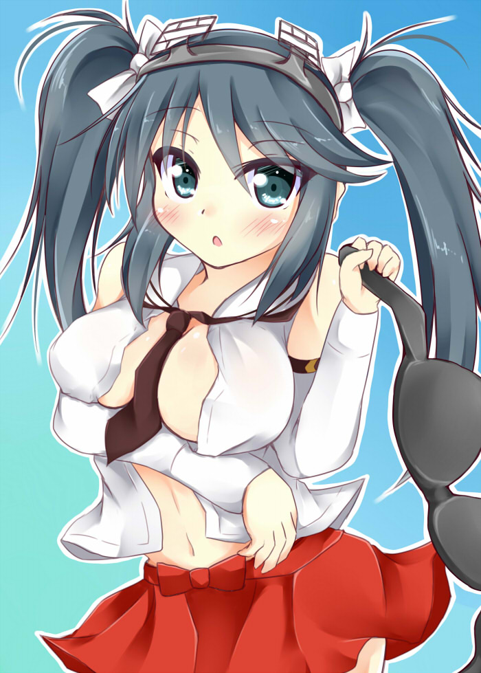 black_bra blue_eyes blue_hair bra bra_removed breast_hold breasts dress_shirt hairband isuzu_(kantai_collection) kantai_collection kuzumomo large_breasts long_hair navel necktie open_clothes open_mouth open_shirt shirt skirt solo twintails underwear