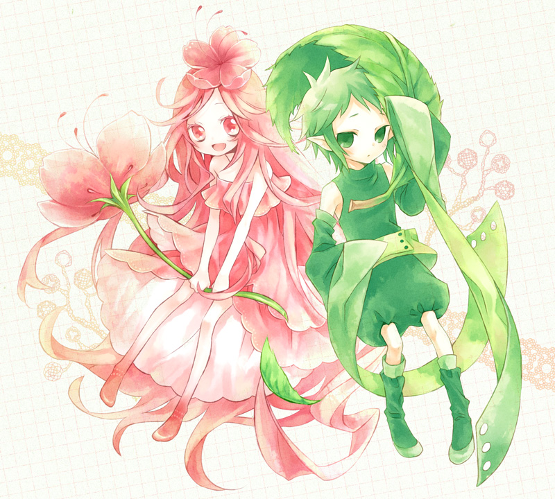 :d bad_id bad_pixiv_id beige_background detached_sleeves dress flower green green_dress green_eyes green_hair hair_flower hair_ornament ikazuchi_miruku leaf long_hair looking_at_viewer minigirl multiple_girls open_mouth original pink pink_eyes pink_hair plant pointy_ears short_hair simple_background sleeves_past_wrists smile very_long_hair wide_sleeves