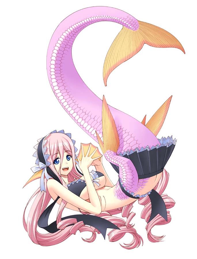 bikini bikini_skirt blue_eyes breasts butt_crack drill_hair fingers_together frilled_bikini frilled_skirt frills front-tie_top gills head_fins large_breasts long_hair looking_at_viewer mermaid meroune_lorelei miniskirt monster_girl monster_musume_no_iru_nichijou okayado open_mouth pink_hair pleated_skirt pointy_ears scales simple_background skirt smile solo swimsuit underboob very_long_hair webbed_hands white_background